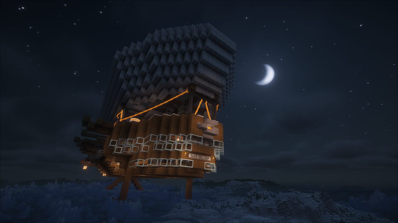 A handcrafted timber airship drifting across the Aero sky