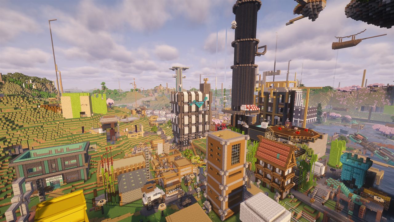 A sprawling player-built city stretching out under a clear blue sky
